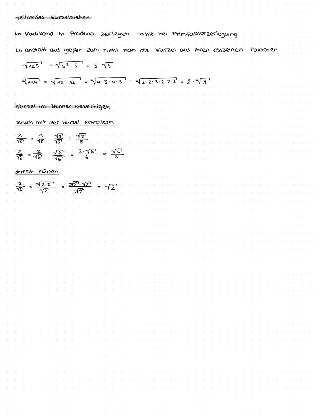 Wurzelrechnung
Quadratwurzel - diejenige nichtnegative Zani, die mit sich sellost multipliziert wieder die Zahl ergibt
Beispiel ²√√√4 = 2 (=