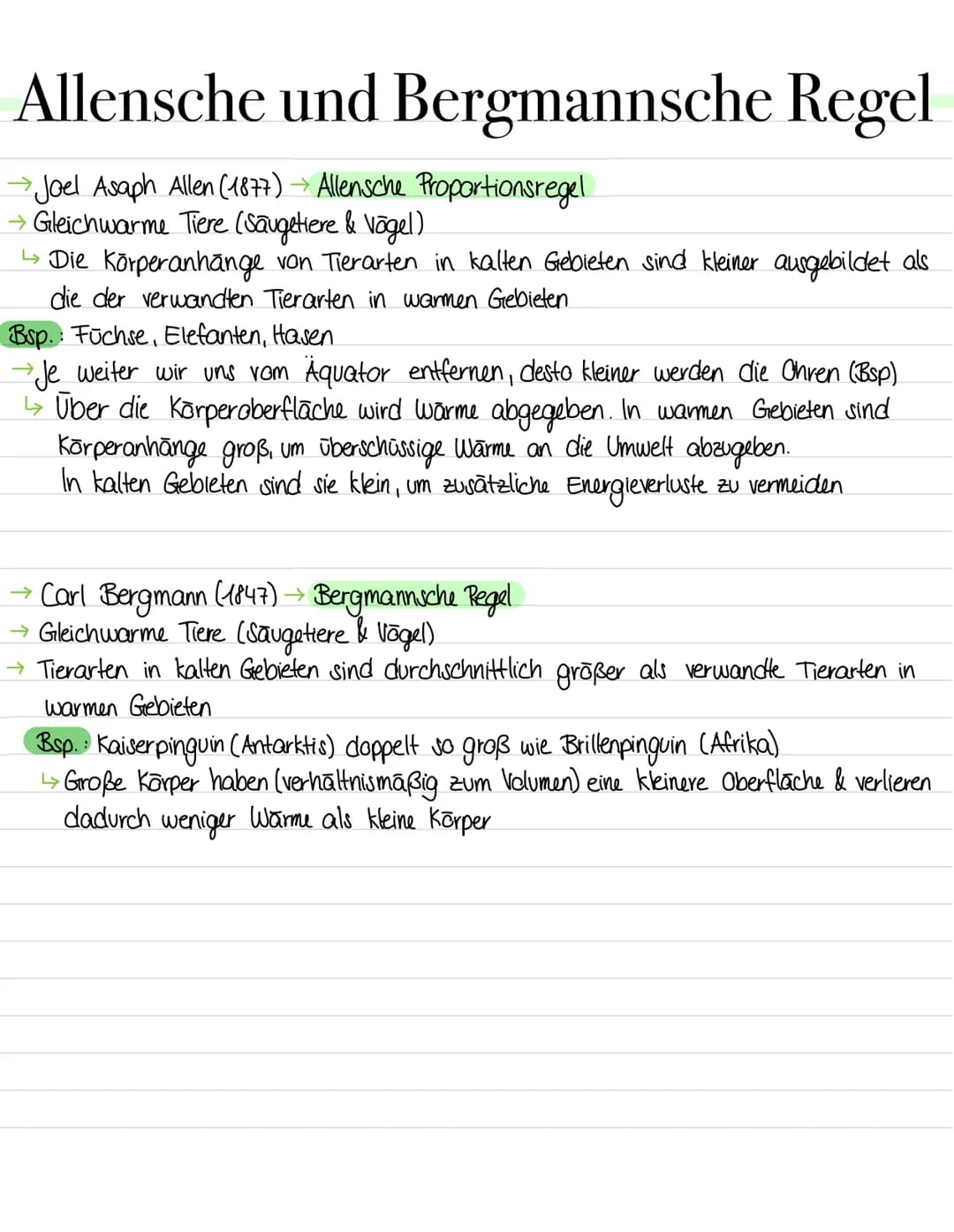 Allensche und Bergmannsche Regel
→ Joel Asaph Allen (1877) → Allensche Proportionsregel
→ Gleichwarme Tiere (Saugetiere & Vägel)
↳ Die Körpe