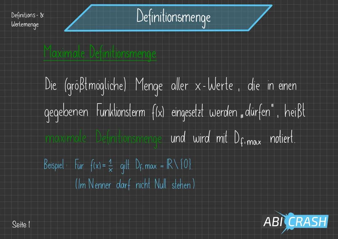 ABIcrash-Lernfolien zu Definitions- und Wertemengen