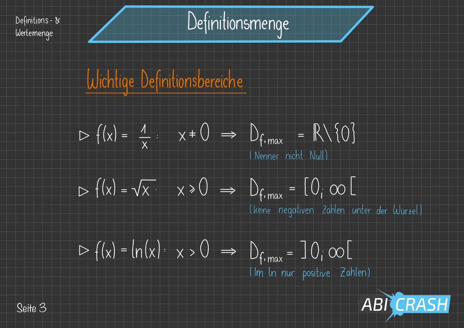 Definitions- &
Wertemenge

Definitionsmenge

Maximale Definitionsmenge

Die (größtmögliche) Menge aller x-Werte, die in einen
gegebenen Funk