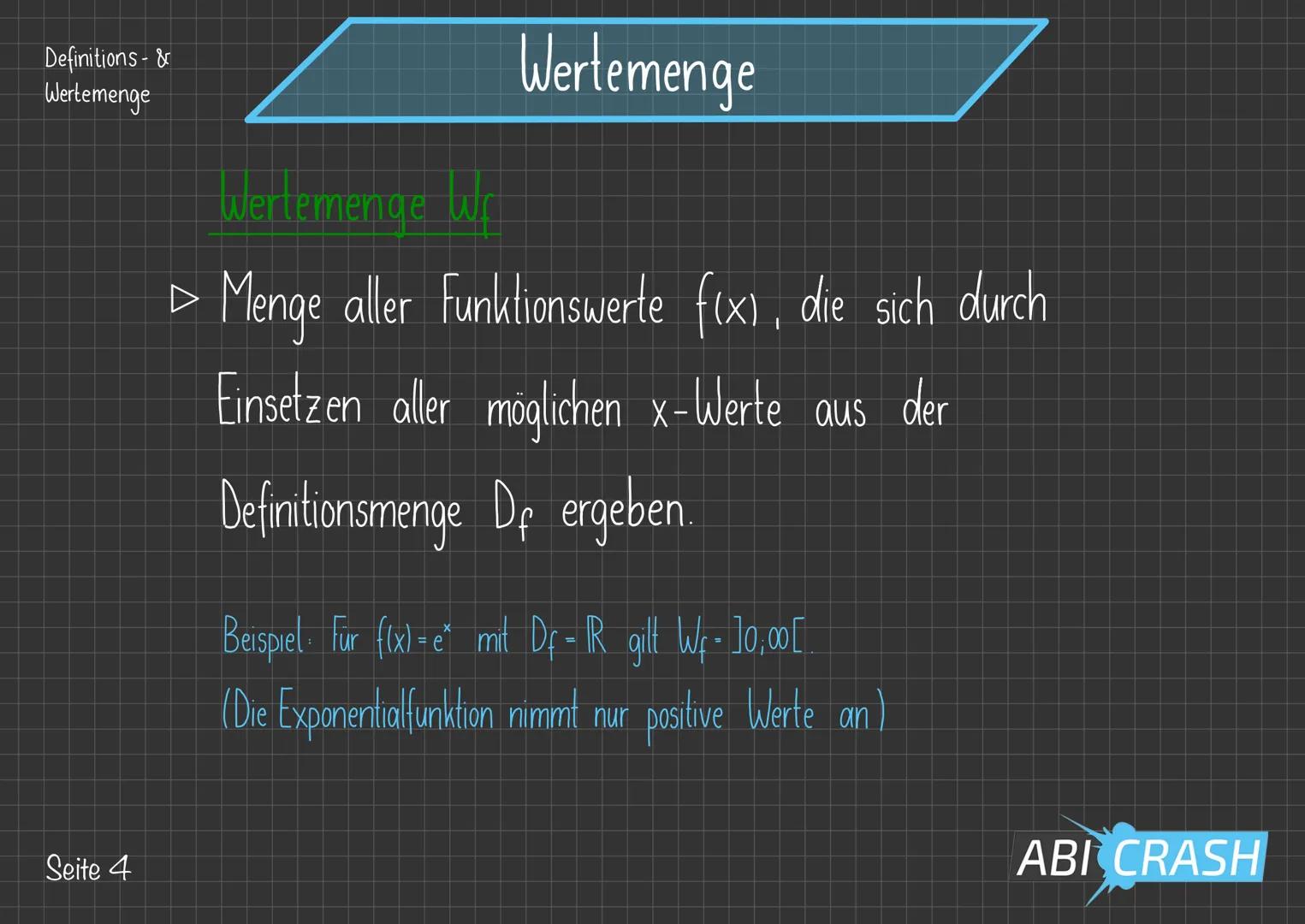 Definitions- &
Wertemenge

Definitionsmenge

Maximale Definitionsmenge

Die (größtmögliche) Menge aller x-Werte, die in einen
gegebenen Funk