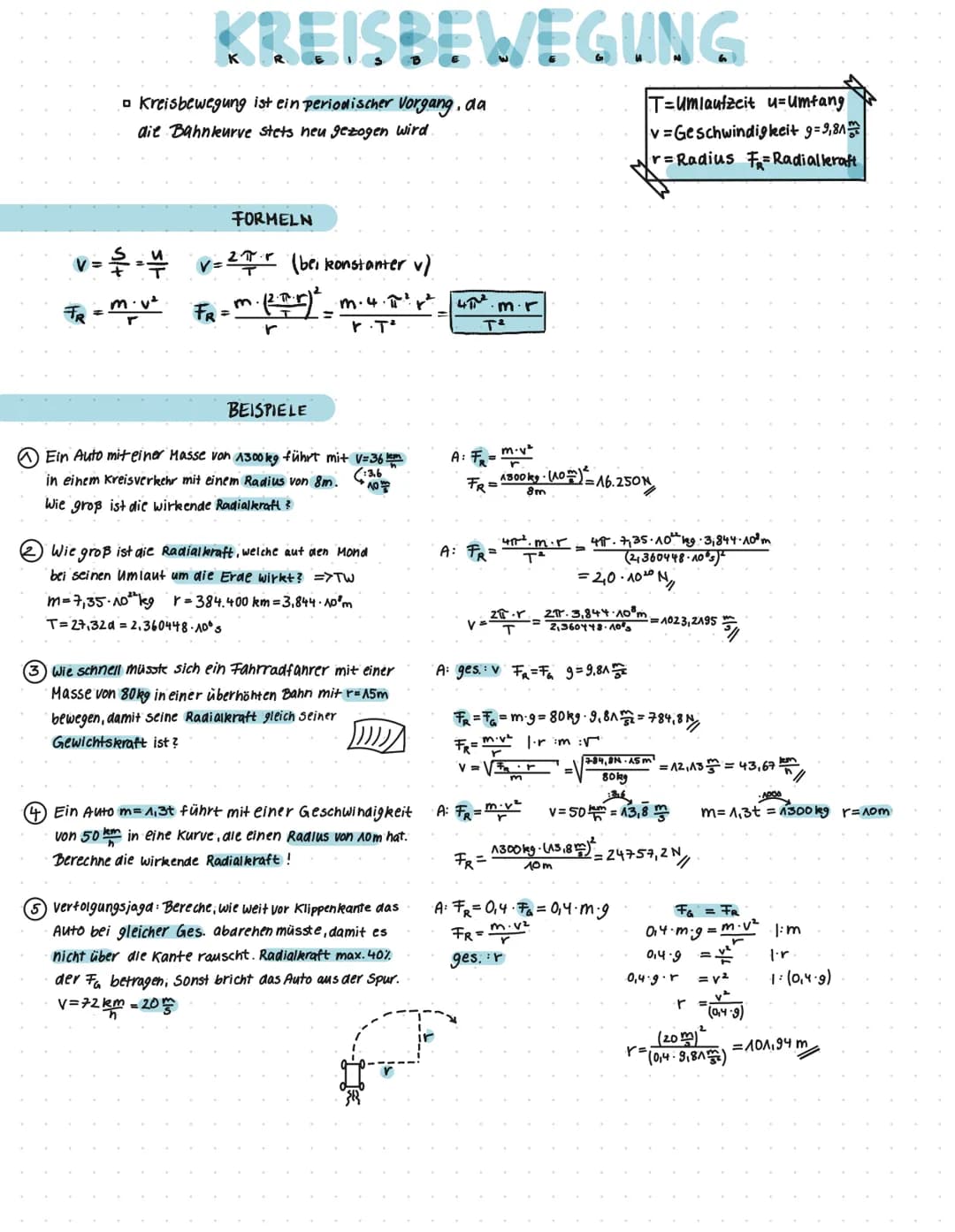 KREISBEWEGUNG
□ Kreisbewegung ist ein periodischer Vorgang, da
die Bahnkeurve stets neu gezogen wird.
FORMELN
v=²T (bei konstanter v)
FR = M
