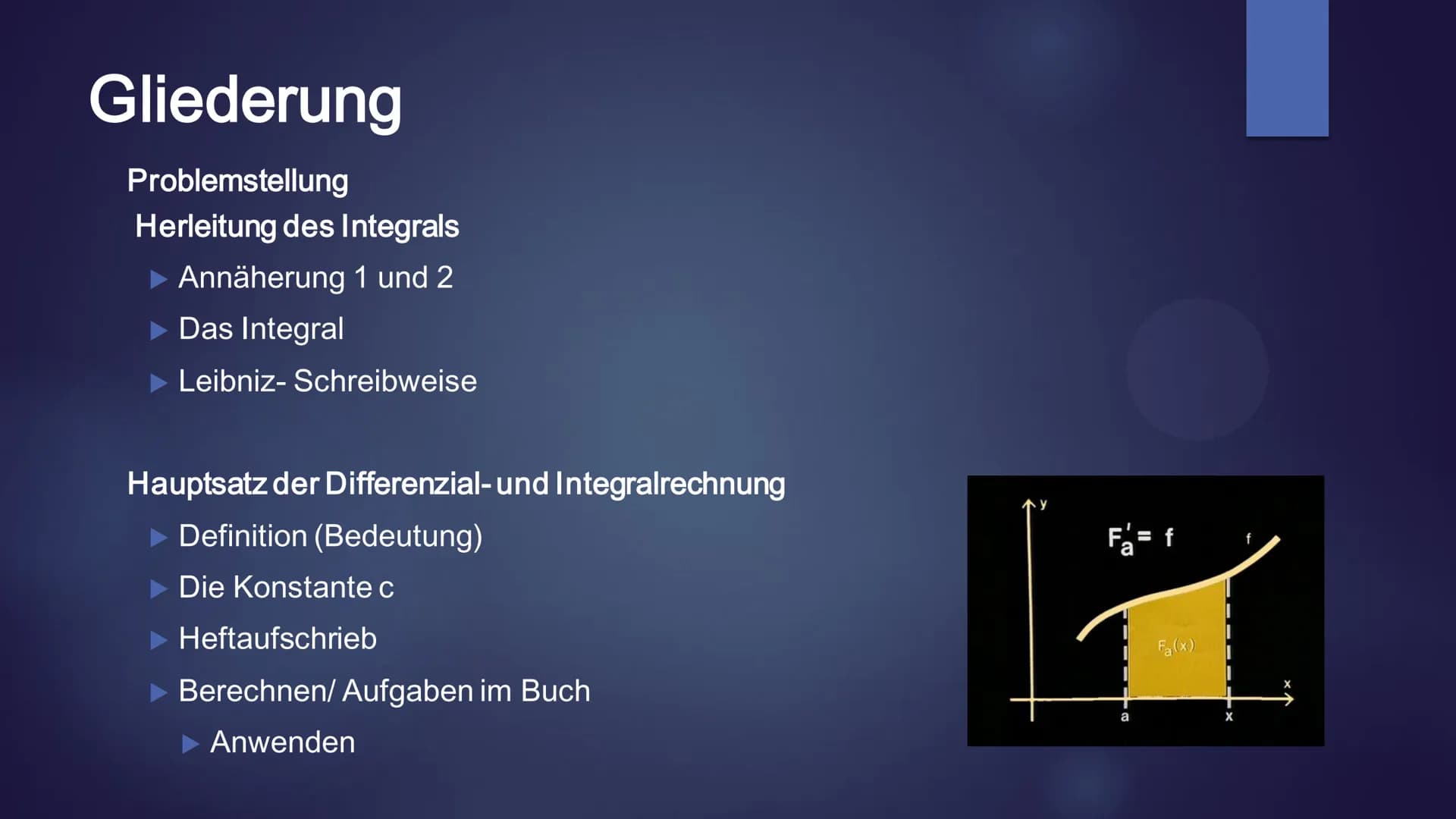 a
f(x)
S
bx
HIL
EIBNIZ
BUTTERKEKS
Hauptsatz der Differenzial- und
Integralrechnung Gliederung
Problemstellung
Herleitung des Integrals
Annäh