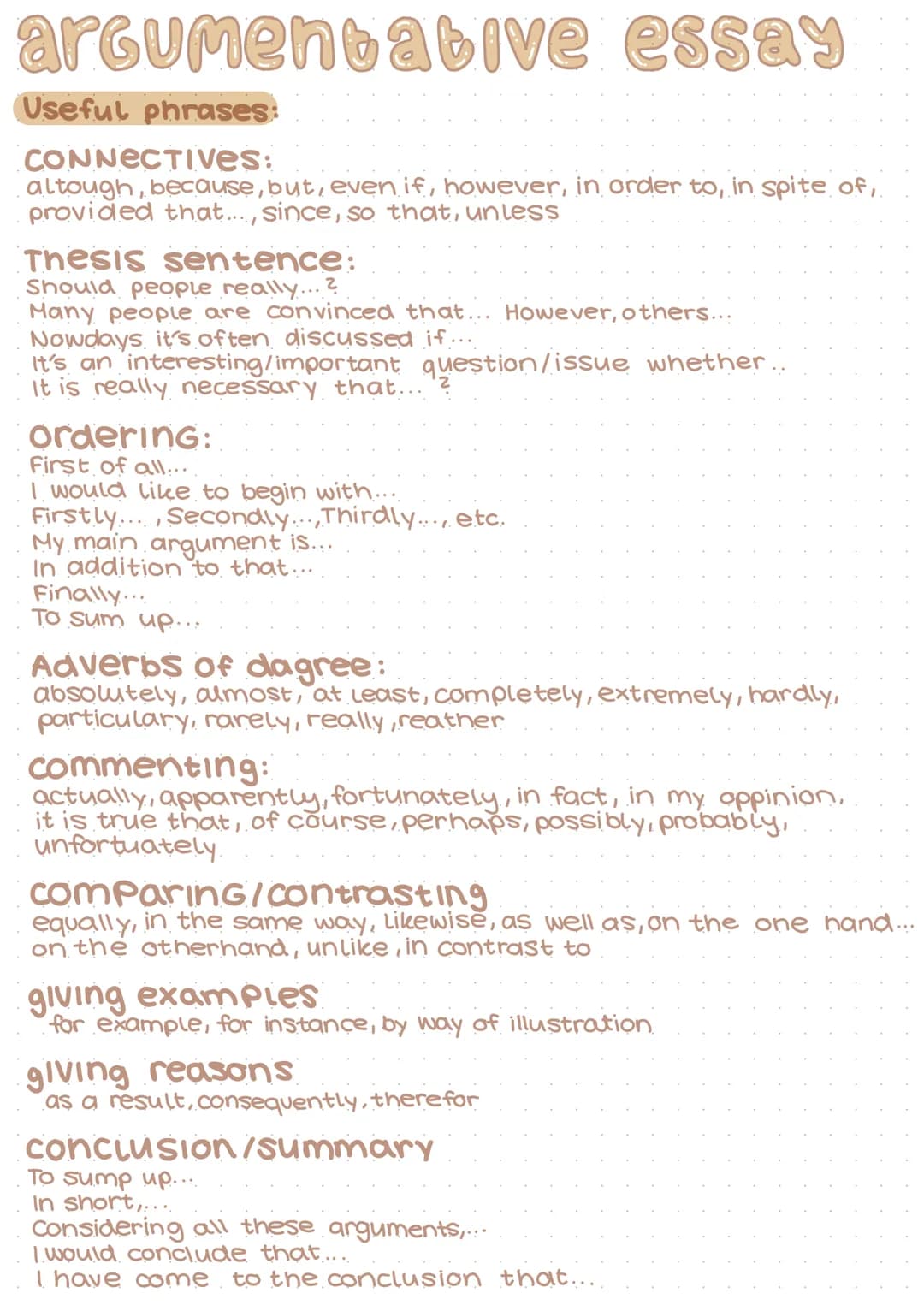 argumentative essay
Useful phrases:
CONNECTIVES:
altough, because, but, even if, however, in order to, in spite of,
provided that..., since,