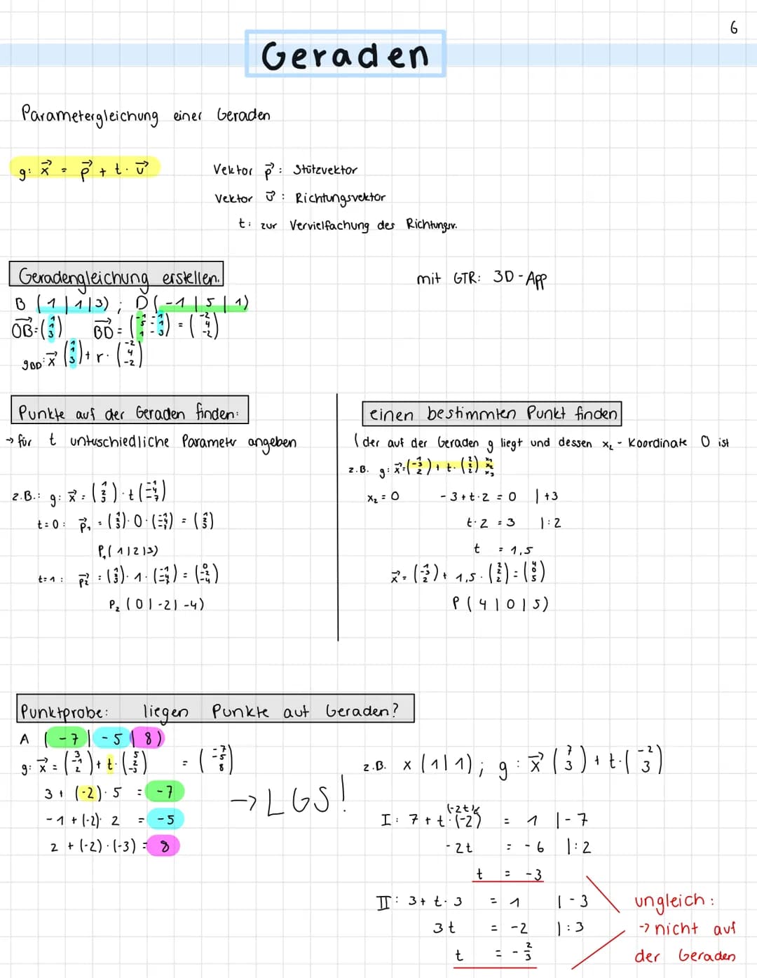 Parametergleichung einer Geraden
9: x² = P² + t ⋅ ²
Geradengleichung erstellen.
OB (3)
B | 1 | 1 | 3) ; D ( - 1 | 5 | 1)
60 = (3) - (1)
(3) 