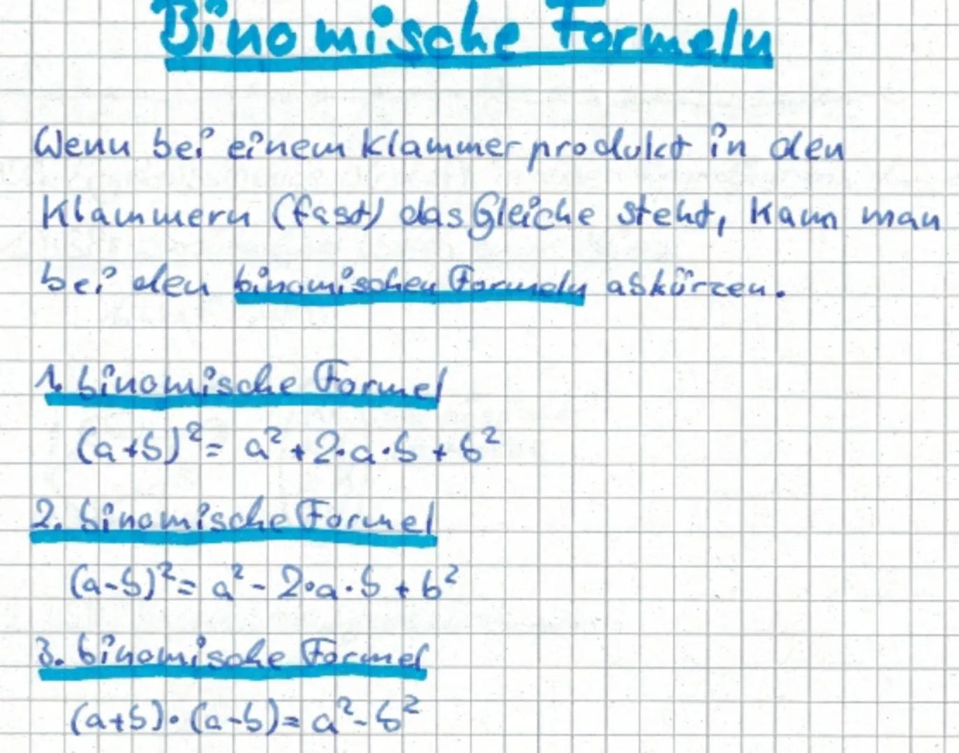 # Binomische formelu

Wenu bei einem klammer produkt in den
Klammern (fast) das Gleiche steht, kann man
bei den binomischen Parndy askürzen.