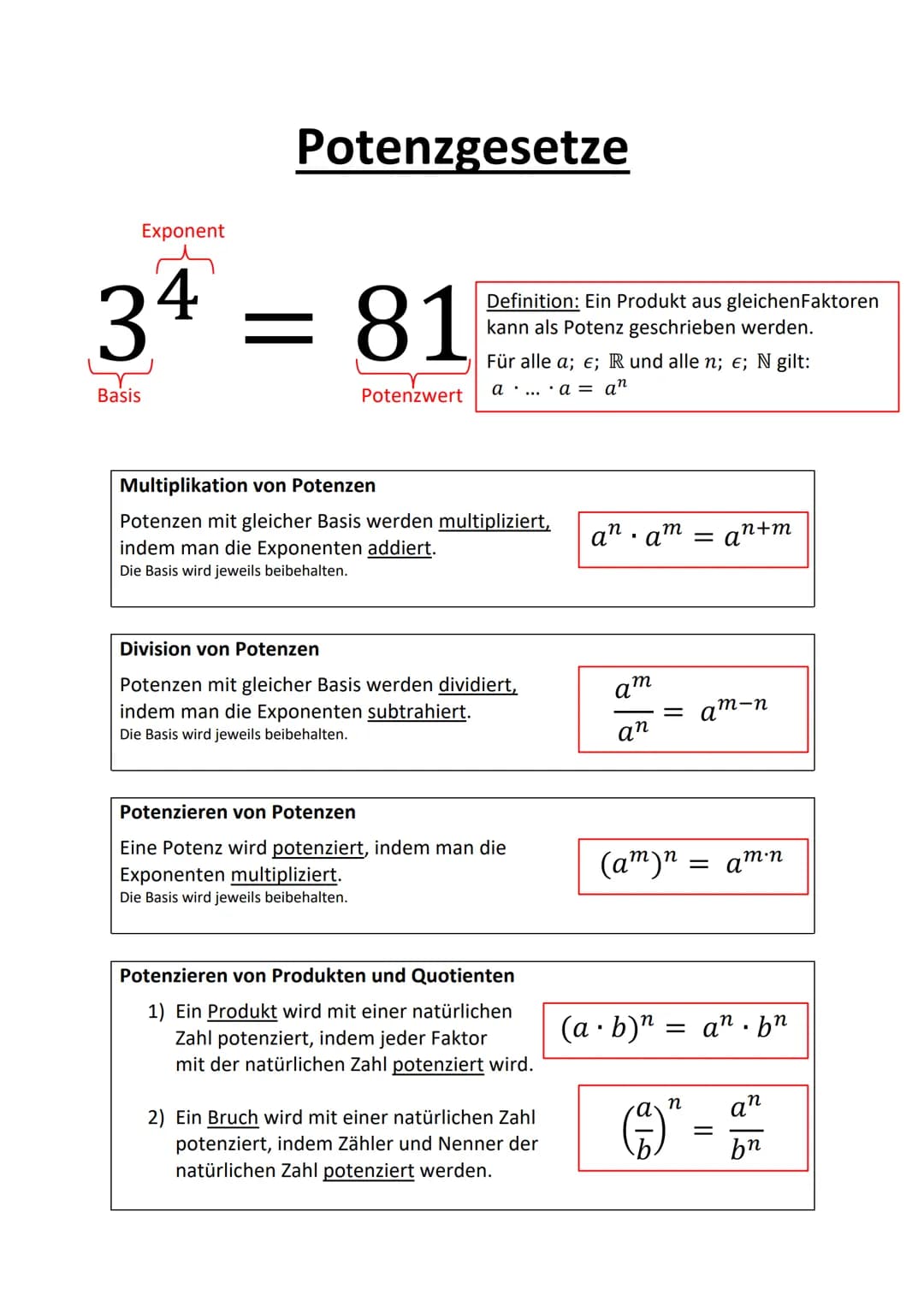 Exponent
Potenzgesetze
34 = 81
Basis
Definition: Ein Produkt aus gleichen Faktoren
kann als Potenz geschrieben werden.
Für alle a; E; R und 