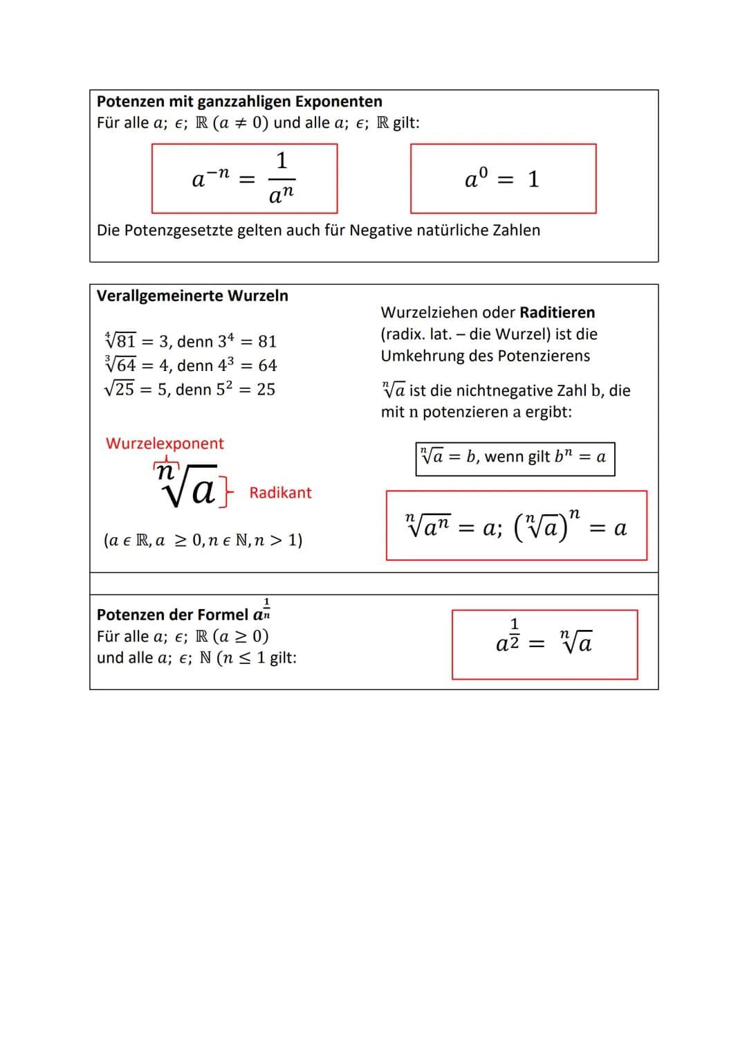 Exponent
Potenzgesetze
34 = 81
Basis
Definition: Ein Produkt aus gleichen Faktoren
kann als Potenz geschrieben werden.
Für alle a; E; R und 