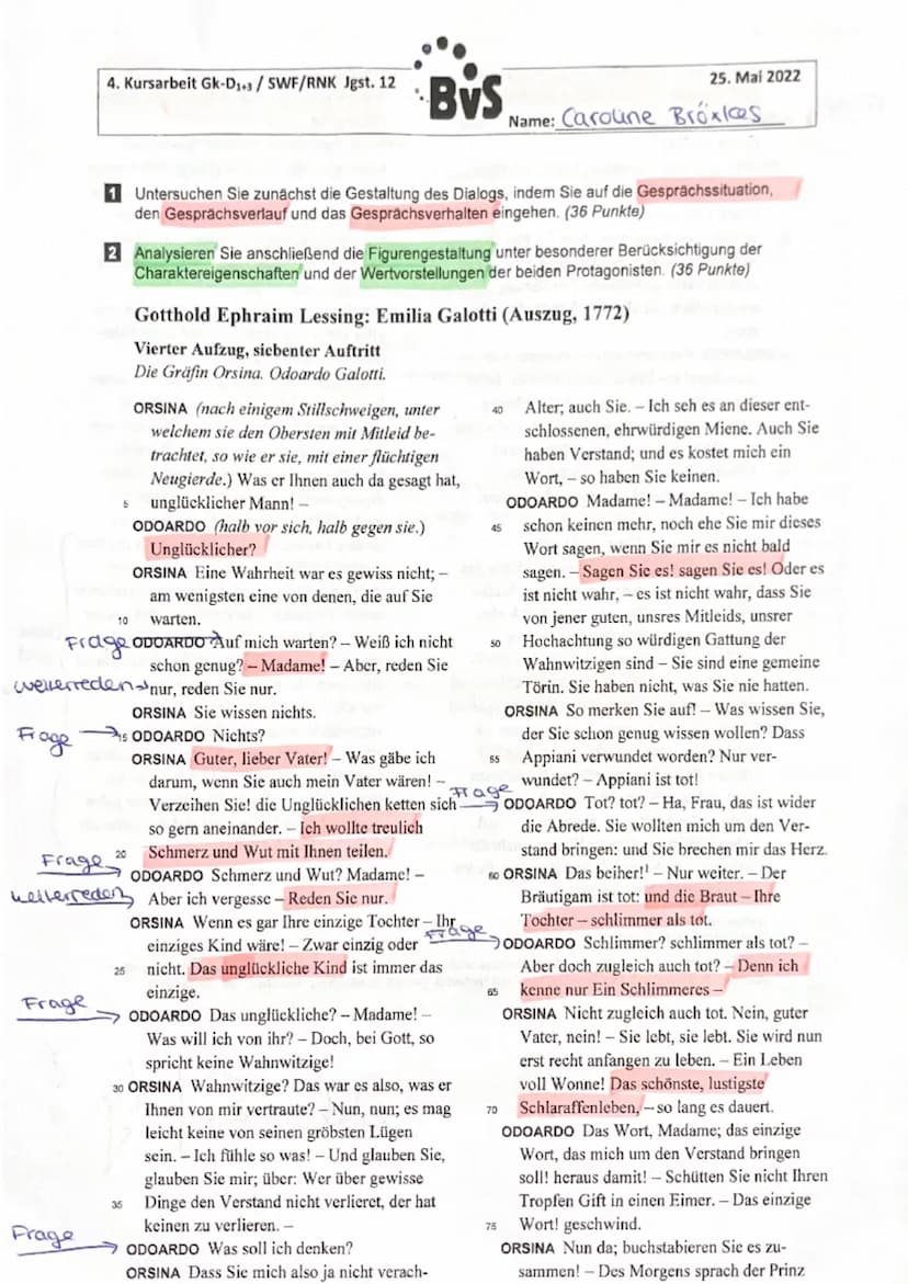 4. Kursarbeit Gk-D₁+3/SWF/RNK Jgst. 12
Frage
Frage
1 Untersuchen Sie zunächst die Gestaltung des Dialogs, indem Sie auf die Gesprächssituati