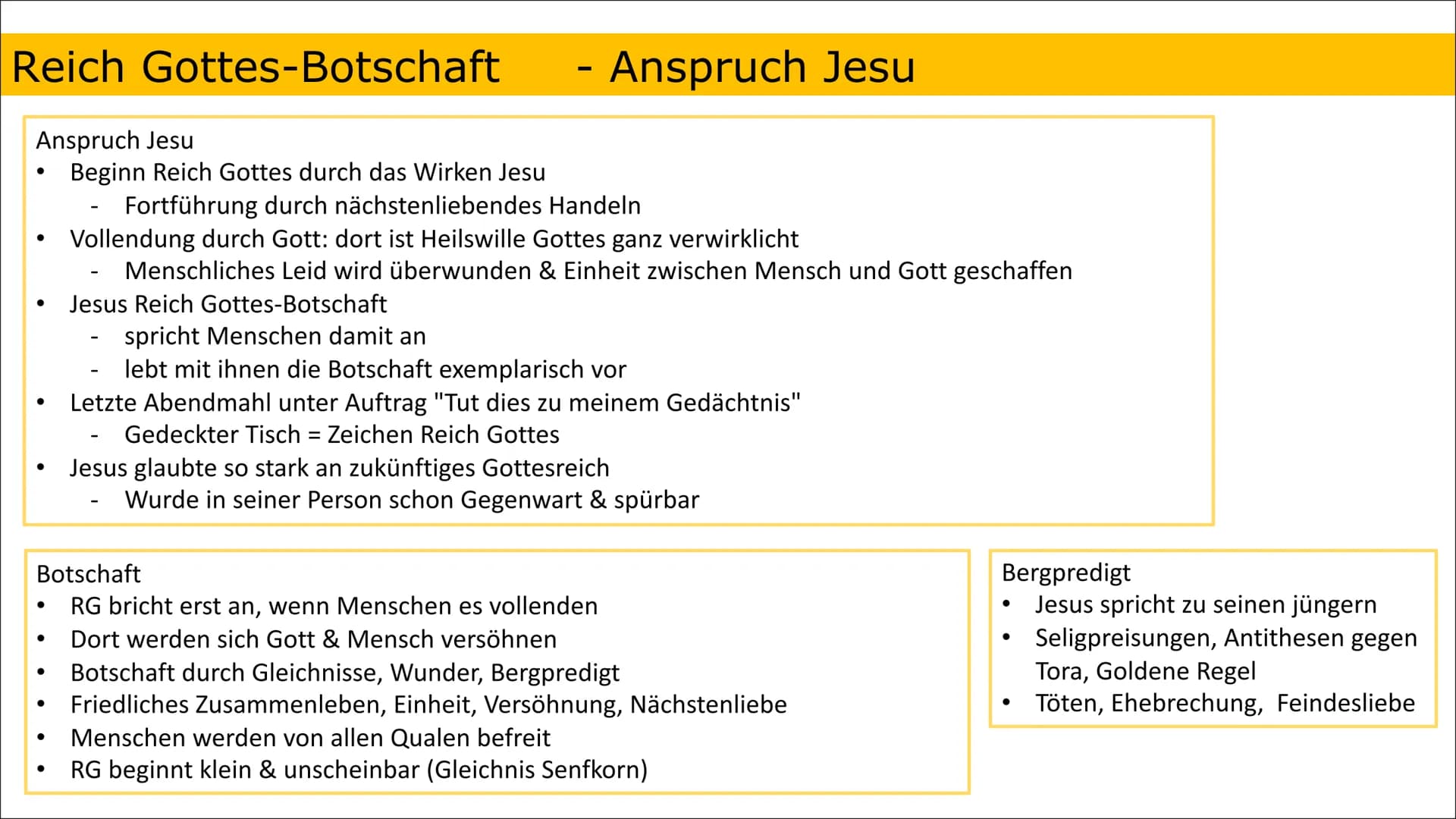 Reich Gottes-Botschaft
Anspruch Jesu
Beginn Reich Gottes durch das Wirken Jesu
●
●
●
●
●
Fortführung durch nächstenliebendes Handeln
Vollend