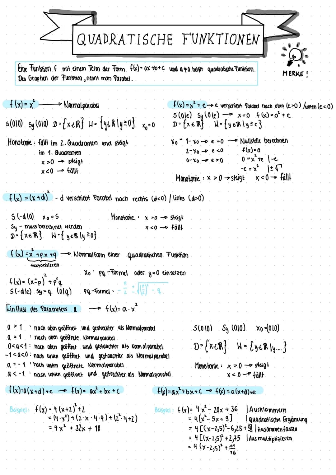 QUADRATISCHE FUNKTIONEN
Eine Funktion f mit einem Term der Form f(x) = ax +b+c und a +0 heißt quadratische Funktion.
Den Graphen der Funktio