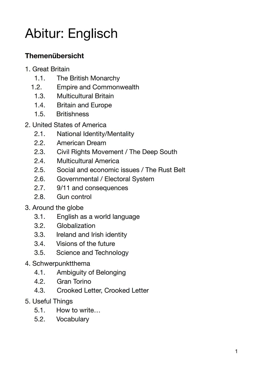 Abitur: Englisch
Themenübersicht
1. Great Britain
1.1.
1.2.
1.3.
1.4.
1.5.
The British Monarchy
Empire and Commonwealth
Multicultural Britai