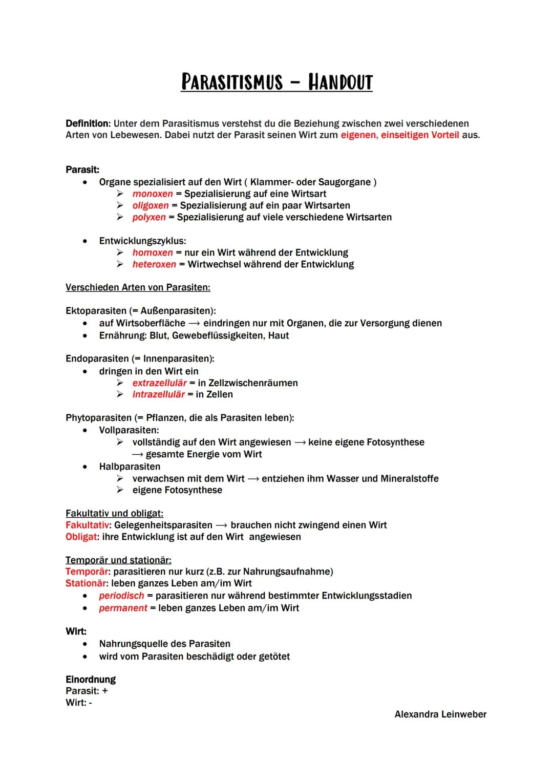 PARASITISMUS HANDOUT
Definition: Unter dem Parasitismus verstehst du die Beziehung zwischen zwei verschiedenen
Arten von Lebewesen. Dabei nu