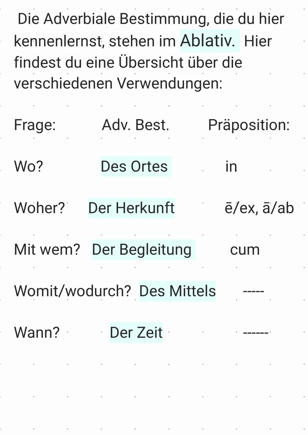 Die Adverbiale Bestimmung, die du hier
kennenlernst, stehen im Ablativ. Hier
findest du eine Übersicht über die
verschiedenen Verwendungen:

