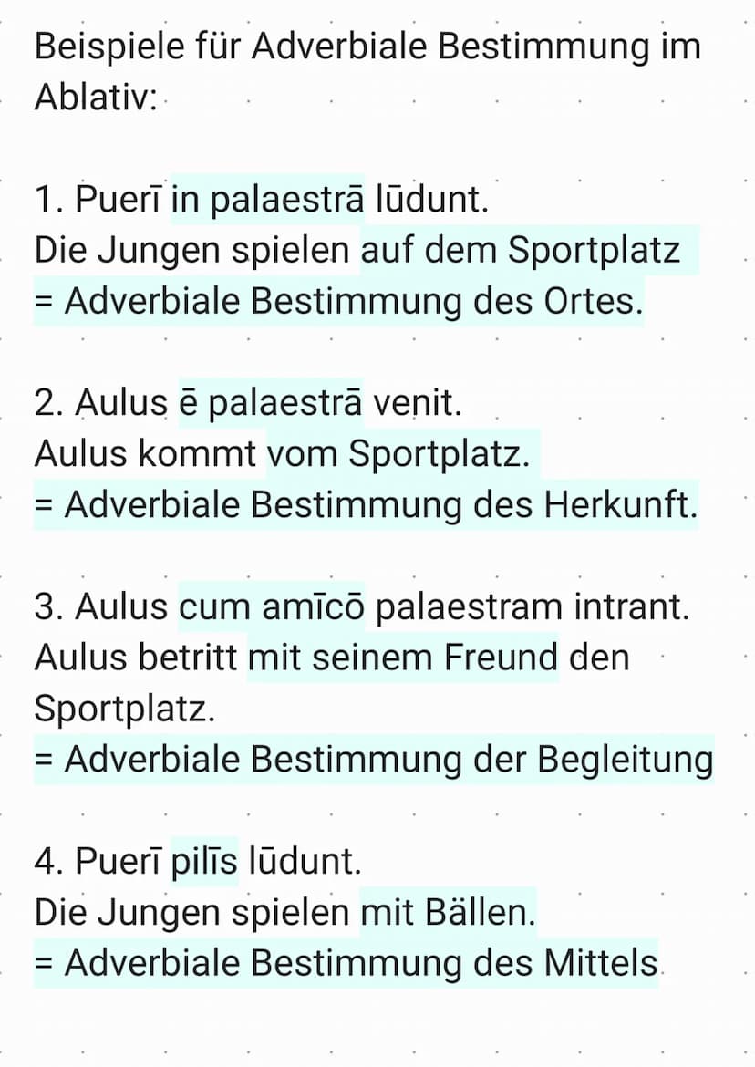 Die Adverbiale Bestimmung, die du hier
kennenlernst, stehen im Ablativ. Hier
findest du eine Übersicht über die
verschiedenen Verwendungen:
