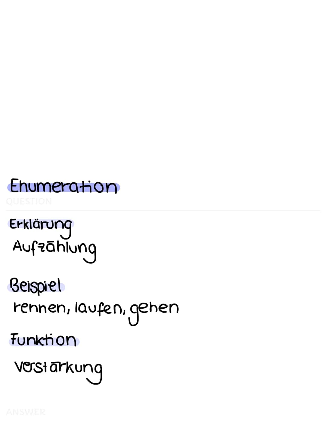 Alliteration
QUESTION
Erklärung
→> gleichbleibender Anlaut benachbarter
Wörter
Beispiel
frisch und fröhlich
Funktion
verstärkung; Hervorhebu