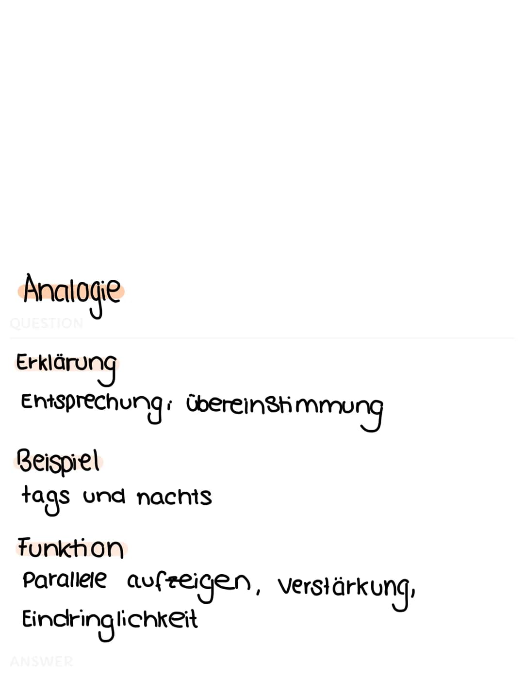 Alliteration
QUESTION
Erklärung
→> gleichbleibender Anlaut benachbarter
Wörter
Beispiel
frisch und fröhlich
Funktion
verstärkung; Hervorhebu