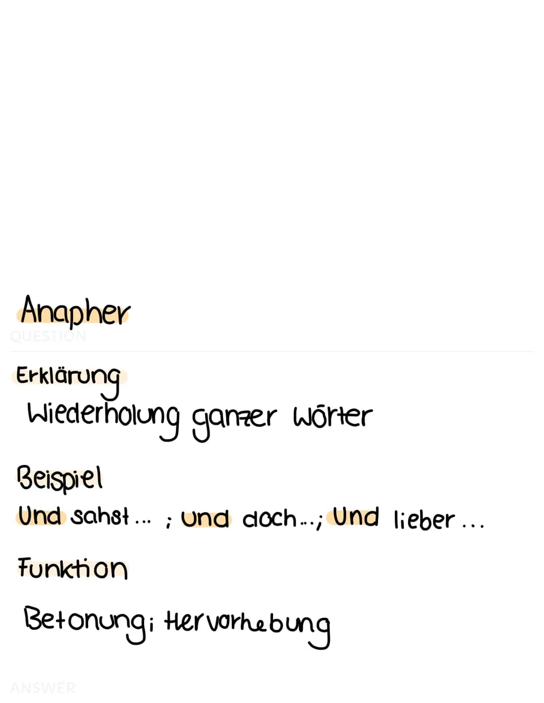 Alliteration
QUESTION
Erklärung
→> gleichbleibender Anlaut benachbarter
Wörter
Beispiel
frisch und fröhlich
Funktion
verstärkung; Hervorhebu