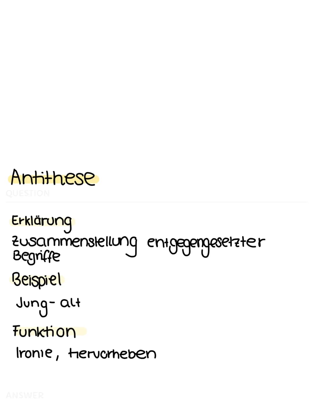 Alliteration
QUESTION
Erklärung
→> gleichbleibender Anlaut benachbarter
Wörter
Beispiel
frisch und fröhlich
Funktion
verstärkung; Hervorhebu
