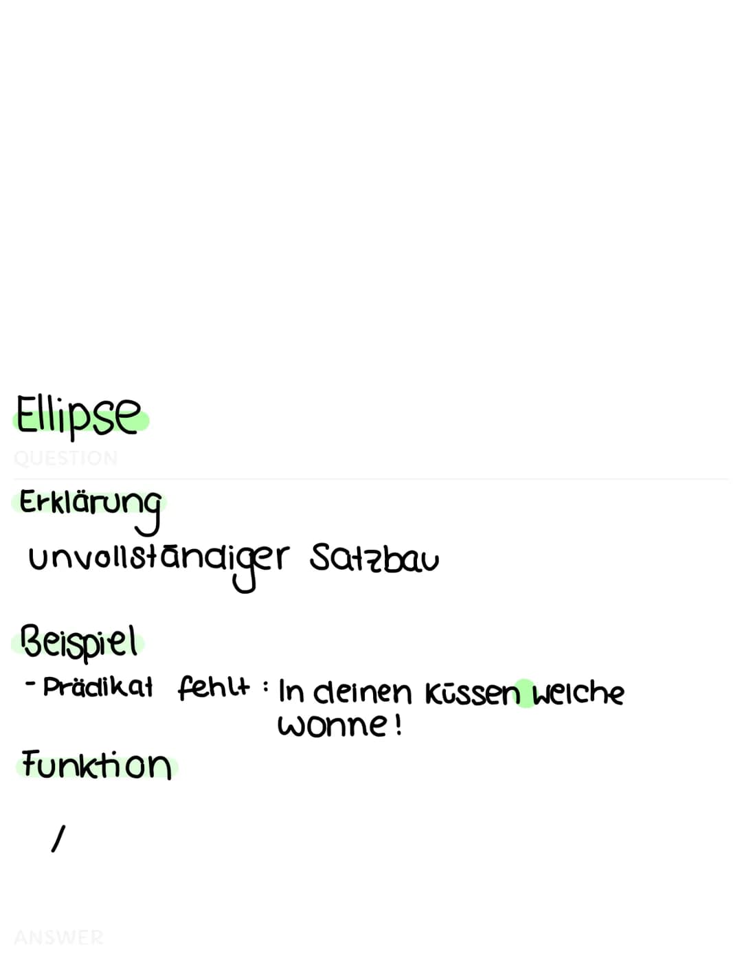 Alliteration
QUESTION
Erklärung
→> gleichbleibender Anlaut benachbarter
Wörter
Beispiel
frisch und fröhlich
Funktion
verstärkung; Hervorhebu