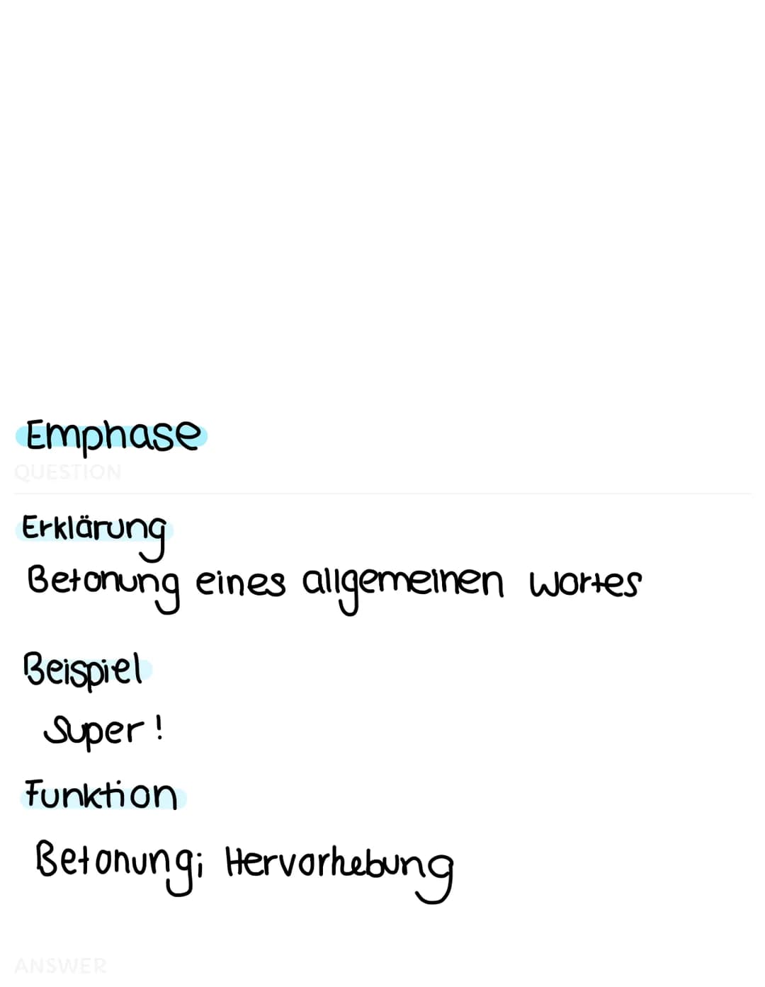 Alliteration
QUESTION
Erklärung
→> gleichbleibender Anlaut benachbarter
Wörter
Beispiel
frisch und fröhlich
Funktion
verstärkung; Hervorhebu