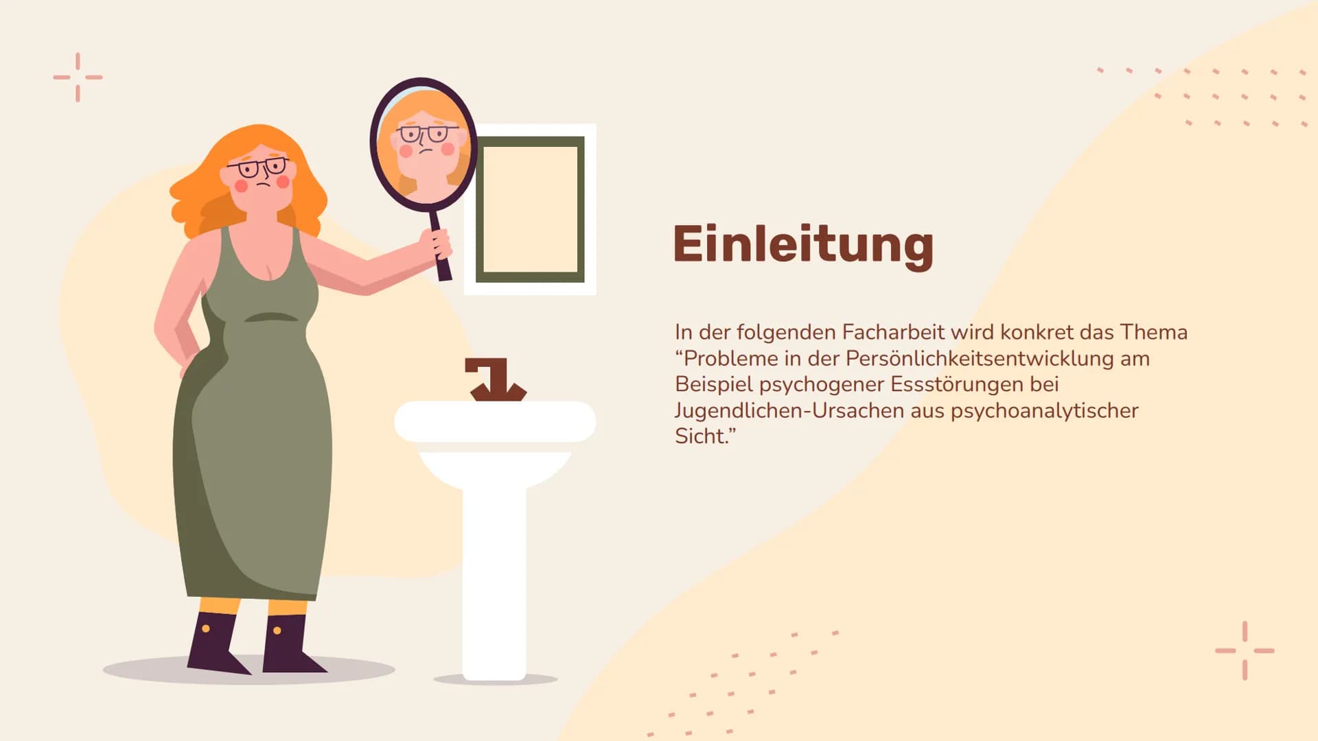 Essstörungen
Von: Leni-Melissa Mrzyglod
4- --
1.Einleitung
4.
Inhaltsverzeichnis
Psychoanalyse
2.Arten von
ES
5.Erziehung
3.Einflüsse +
01
E