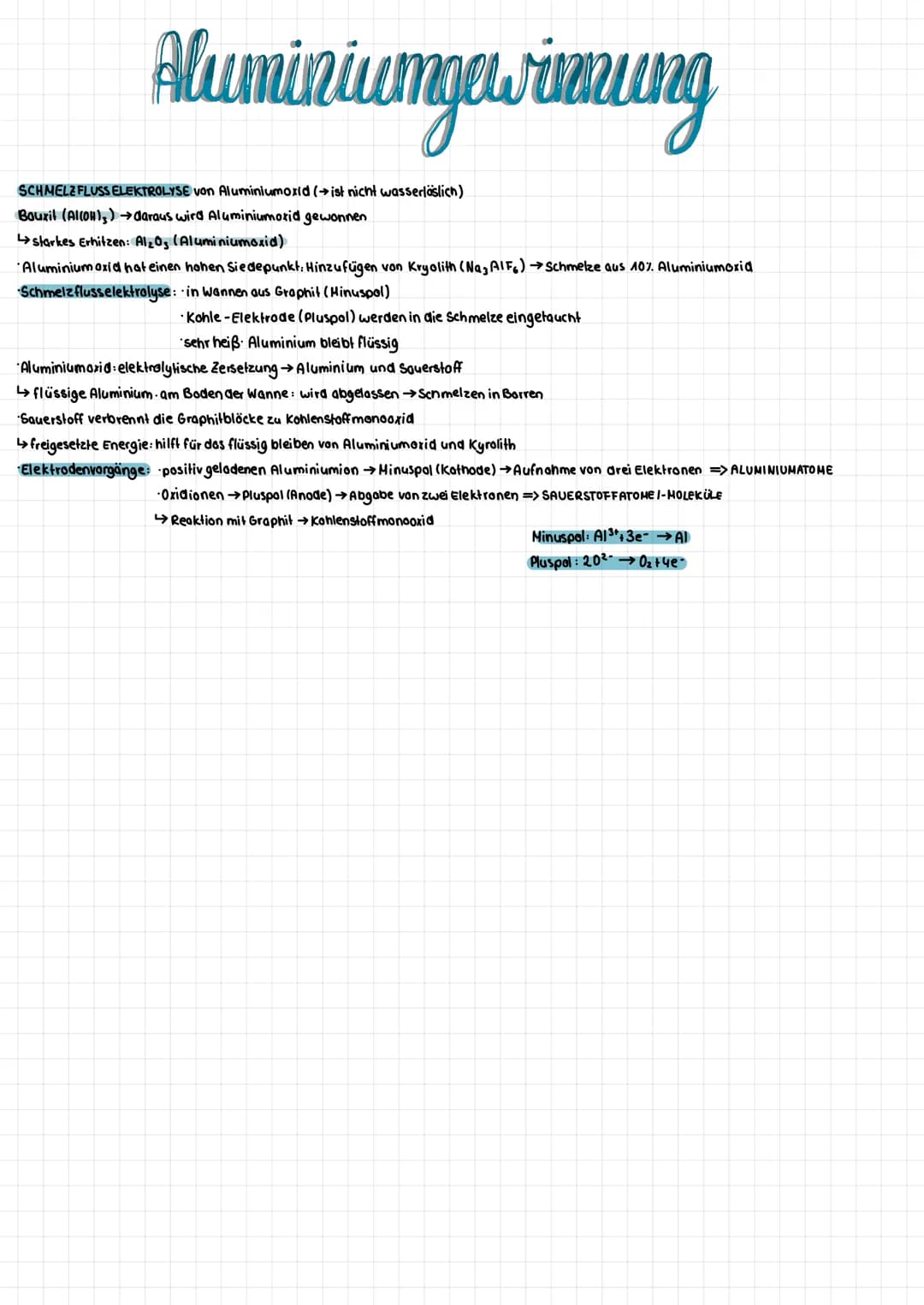 Aluminiumgewinnung
SCHMELZ FLUSS ELEKTROLYSE Von Aluminiumoxid (→ist nicht wasserlöslich)
Bouril (Al(OH),)→→daraus wird Aluminiumoxid gewonn