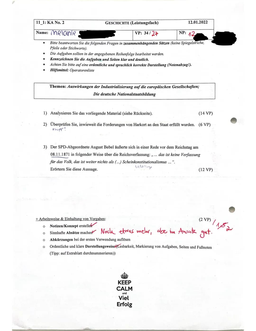 Geschichtsklausur Folgen der Industrialisierung und deutsche Nationalstaatsbildung