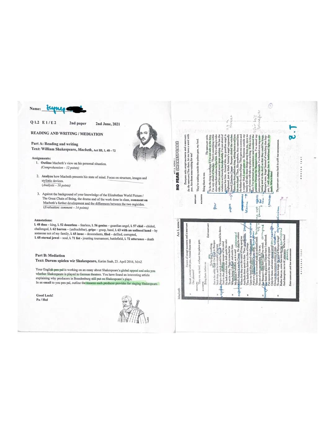 Name:
zeynep
Q1.2 E1/E2
2nd paper
2nd June, 2021
READING AND WRITING/MEDIATION
Part. Reading and writing
Text: William Shakespeare, Macbeth,