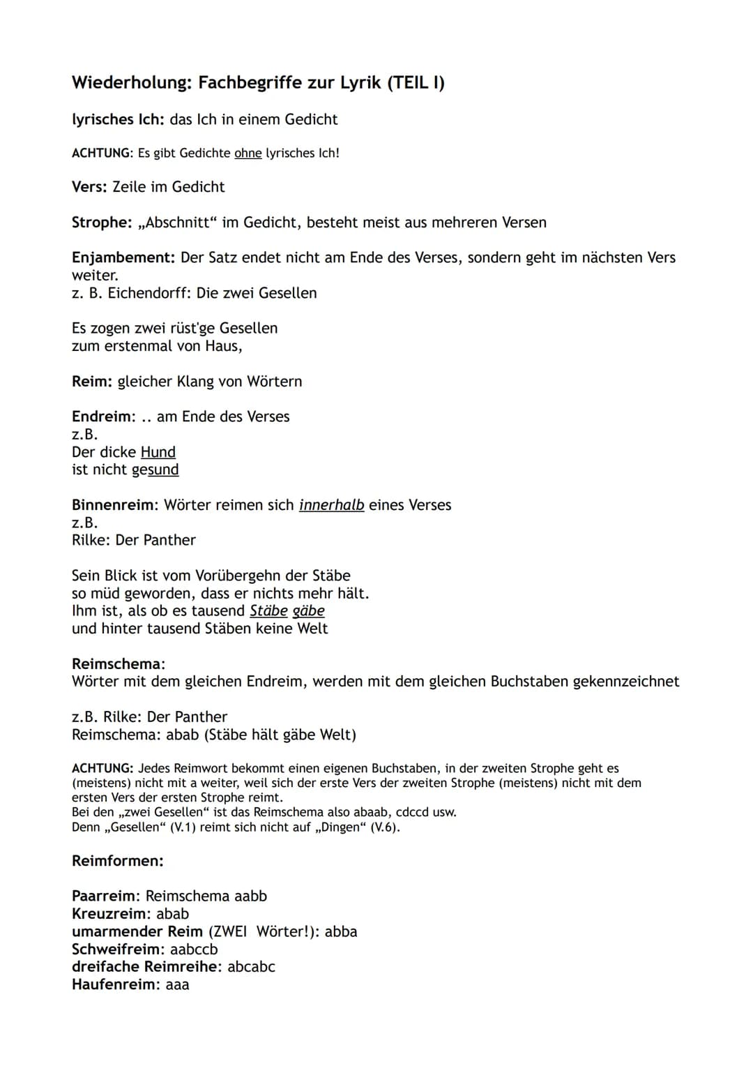 Wiederholung: Fachbegriffe zur Lyrik (TEIL I)
lyrisches Ich: das Ich in einem Gedicht
ACHTUNG: Es gibt Gedichte ohne lyrisches Ich!
Vers: Ze