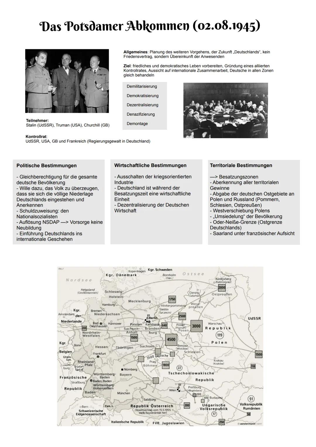 Das Potsdamer Abkommen (02.08.1945)
Teilnehmer:
Stalin (UdSSR), Truman (USA), Churchill (GB)
Politische Bestimmungen
- Gleichberechtigung fü