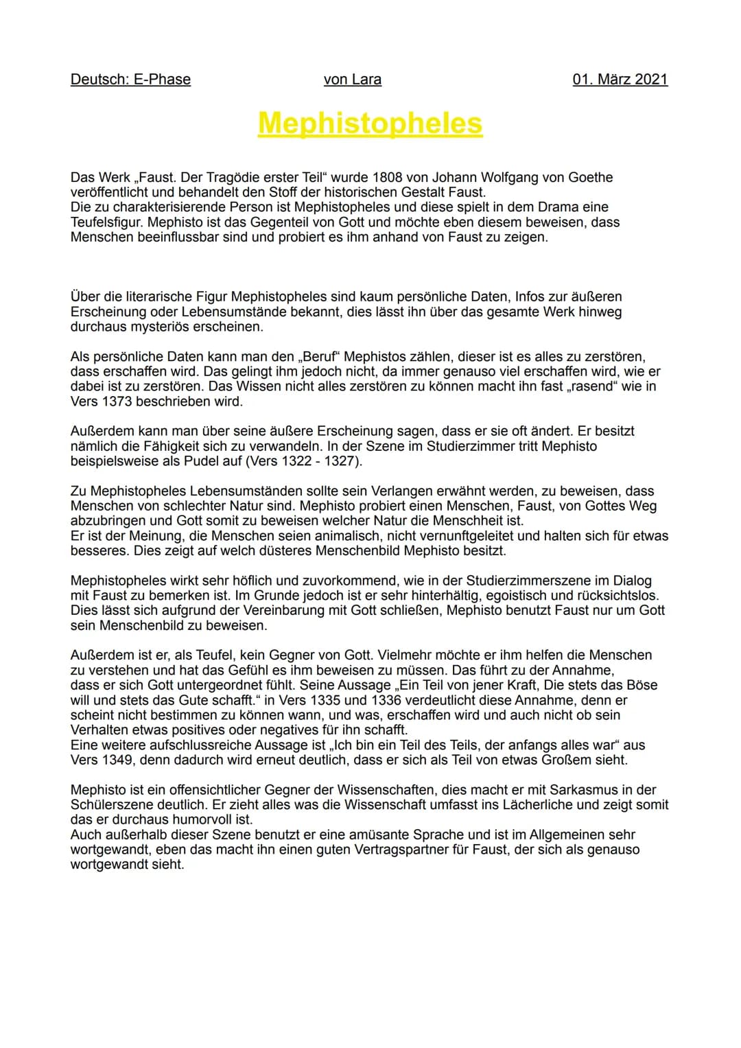 Deutsch: E-Phase
von Lara
Mephistopheles
01. März 2021
Das Werk ,,Faust. Der Tragödie erster Teil" wurde 1808 von Johann Wolfgang von Goethe