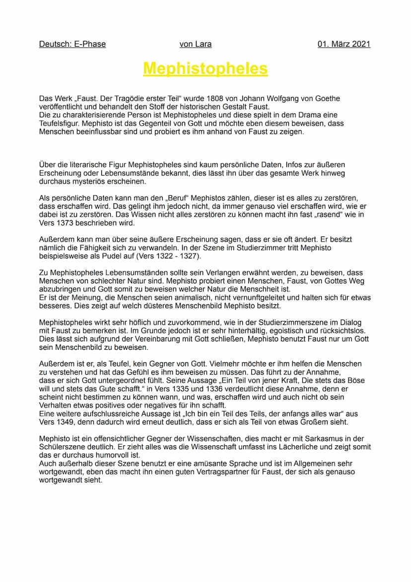 Deutsch: E-Phase
von Lara
Mephistopheles
01. März 2021
Das Werk ,,Faust. Der Tragödie erster Teil" wurde 1808 von Johann Wolfgang von Goethe