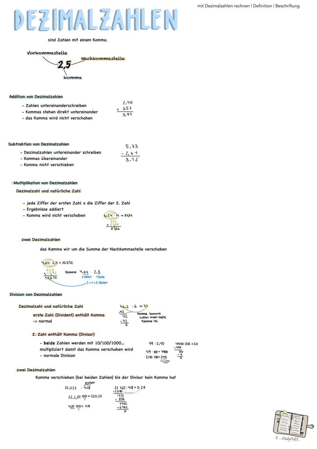 DEZIMALZAHLEN
sind Zahlen mit einem Komma.
Vorkommastelle
-2,5-
Addition von Dezimalzahlen
- Zahlen untereinanderschreiben
- Kommas stehen d