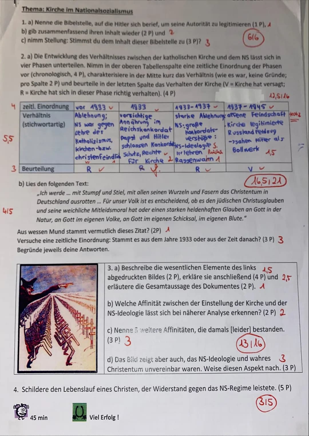 5,5
Thema: Kirche im Nationalsozialismus
1. a) Nenne die Bibelstelle, auf die Hitler sich berief, um seine Autorität zu legitimieren (1 P), 