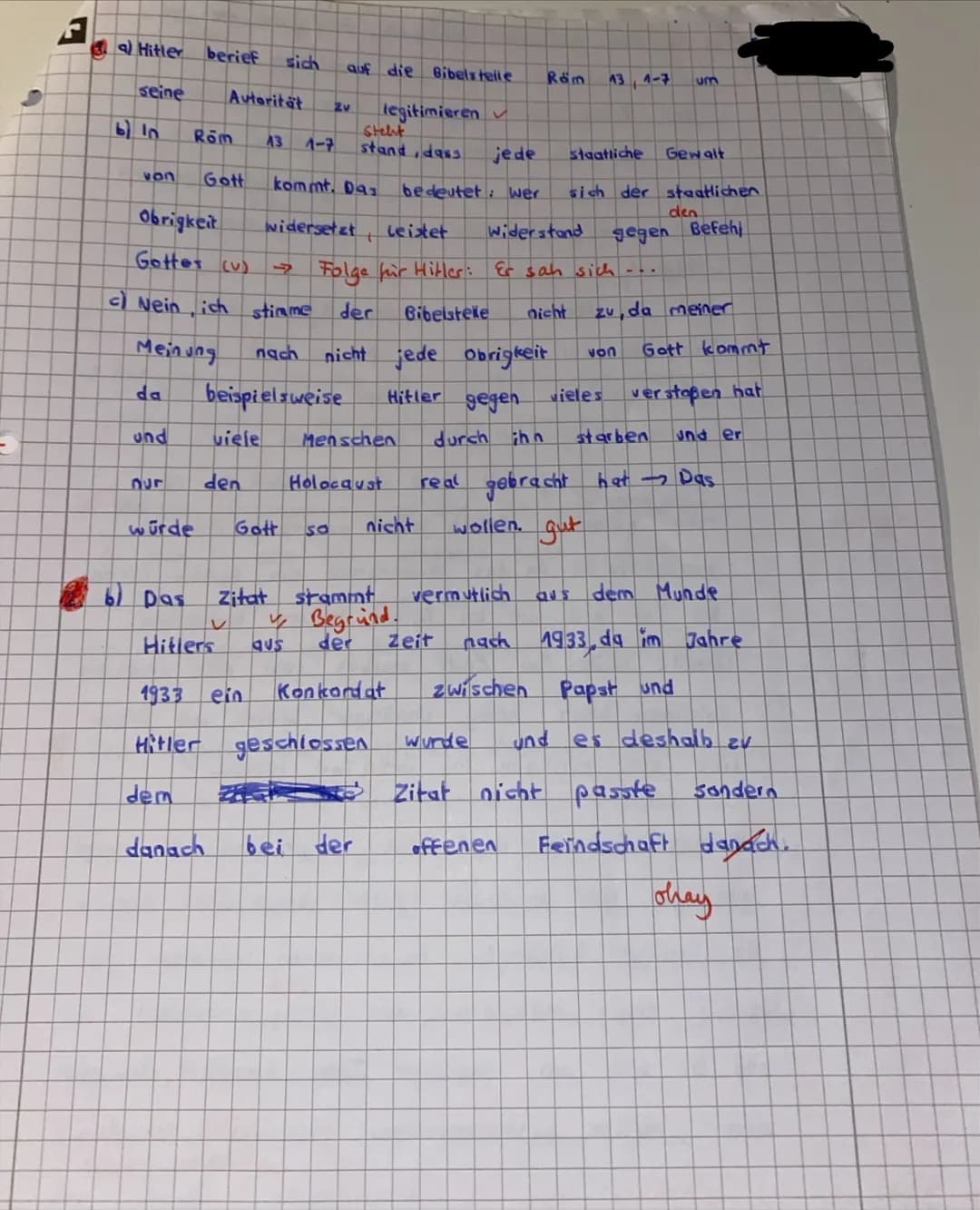 5,5
Thema: Kirche im Nationalsozialismus
1. a) Nenne die Bibelstelle, auf die Hitler sich berief, um seine Autorität zu legitimieren (1 P), 