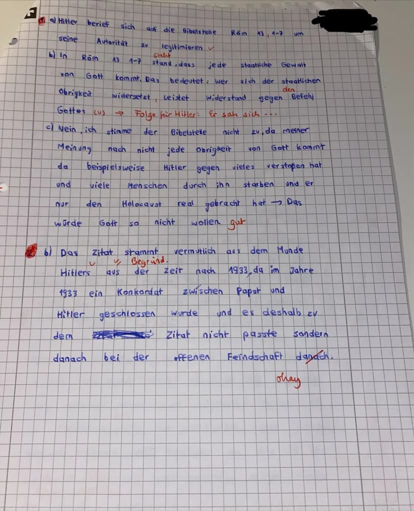 5,5
Thema: Kirche im Nationalsozialismus
1. a) Nenne die Bibelstelle, auf die Hitler sich berief, um seine Autorität zu legitimieren (1 P), 