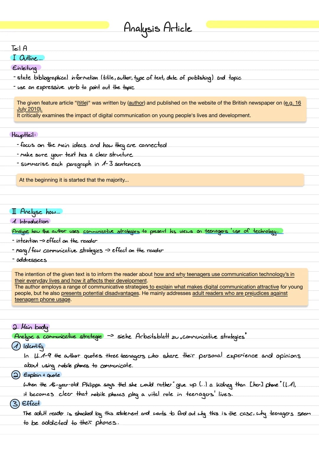 Teil A
I Outline...
Analysis Article
Einleitung
- state bibliographical information (title, author, type of text, date of publishing) and to