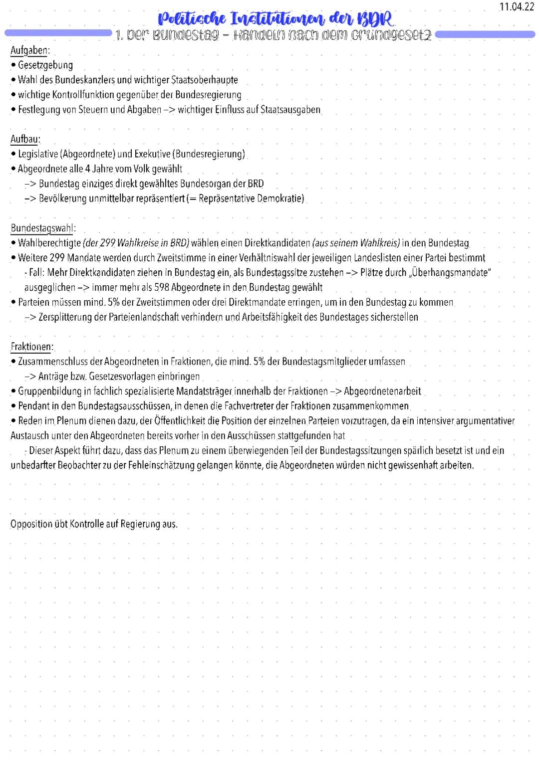 Politische Institutionen (Bundestag, Bundesrat, Bundesregierung, Bundesverfassungsgericht, Bundespräsident) 