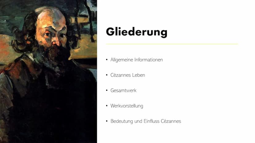 Paul Cézanne
Ein Vater der Moderne"
11 Gliederung
●
●
●
●
Allgemeine Informationen
Cézannes Leben
Gesamtwerk
Werkvorstellung
Bedeutung und E