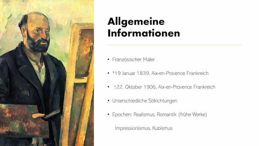 Paul Cézanne
Ein Vater der Moderne"
11 Gliederung
●
●
●
●
Allgemeine Informationen
Cézannes Leben
Gesamtwerk
Werkvorstellung
Bedeutung und E