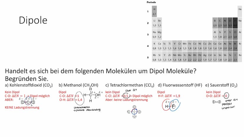 Chemie Klausur-
Dipol-Moleküle
Ein Dipolmolekül ist ein elektrisch neutrales Molekül, in dem die Elektronen unsymetrisch verteilt sind und s
