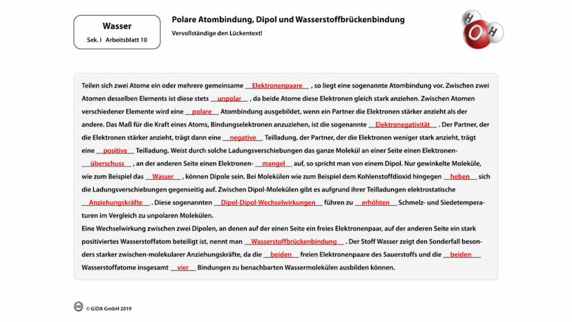 Chemie Klausur-
Dipol-Moleküle
Ein Dipolmolekül ist ein elektrisch neutrales Molekül, in dem die Elektronen unsymetrisch verteilt sind und s