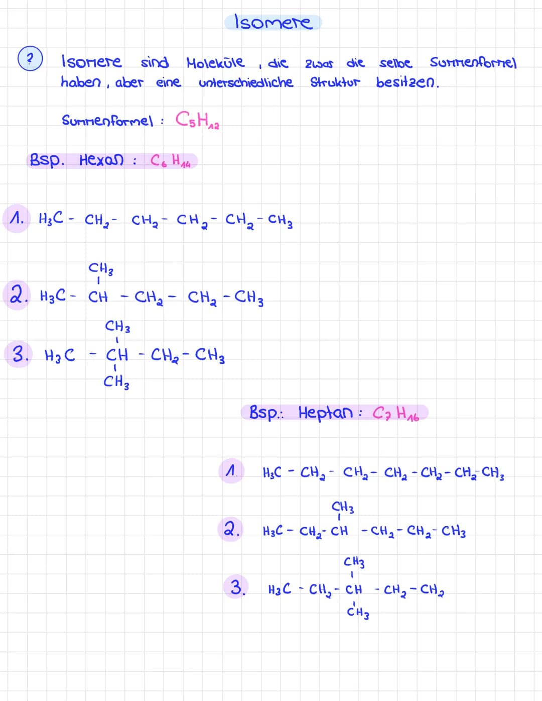 2
Isomere sind
2was
selbe Summenformel
haben, aber eine unterschiedliche Struktur besitzen.
Summenformel: C₂H2
Bsp. Hexe) : có Hoa
Isomere
M