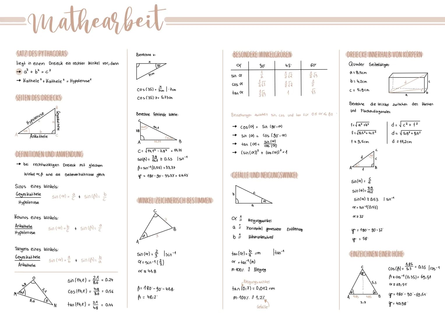 -mathearbeit
SATZ DES PYTHAGORAS
liegt in einem Dreieck ein rechter Winkel vor, dann:
→ a² + b² = c²
→ Kathete ²+ Kathete ² = Hypotenuse²
SE
