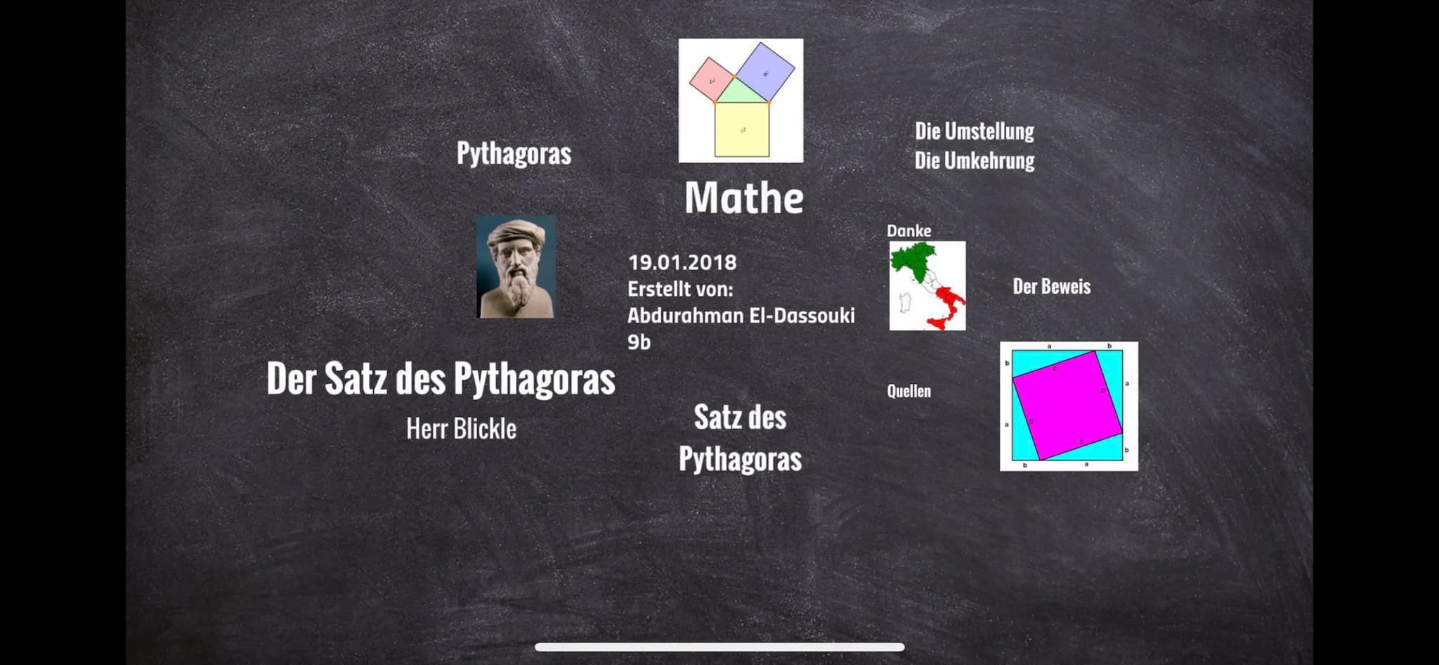 
<h2 id="werwarpythagoras">Wer war Pythagoras</h2>
<p>Pythagoras war ein griechischer Philosoph, geboren 570 v.Chr auf Samos und gestorben 5