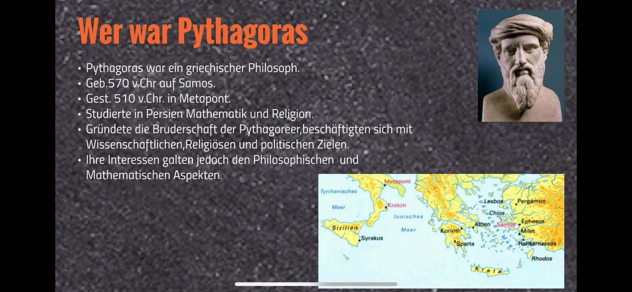 
<h2 id="werwarpythagoras">Wer war Pythagoras</h2>
<p>Pythagoras war ein griechischer Philosoph, geboren 570 v.Chr auf Samos und gestorben 5