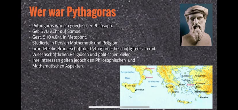 
<h2 id="werwarpythagoras">Wer war Pythagoras</h2>
<p>Pythagoras war ein griechischer Philosoph, geboren 570 v.Chr auf Samos und gestorben 5