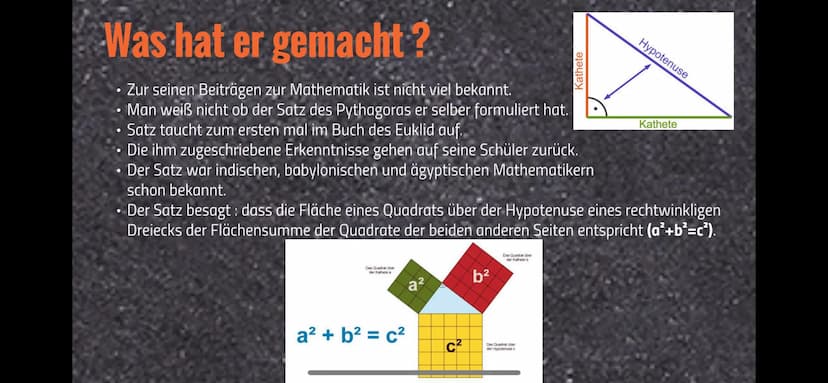 
<h2 id="werwarpythagoras">Wer war Pythagoras</h2>
<p>Pythagoras war ein griechischer Philosoph, geboren 570 v.Chr auf Samos und gestorben 5