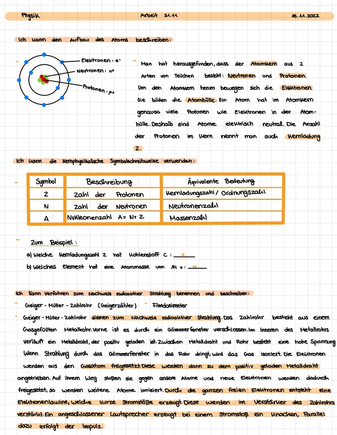 Physik
Ich kann den
Ich kann
Aufbau des
Symbol
2
N
A
Atoms
Elektronen e
Neutronen: nº
-Protonen: p+
Arbeit 21.11
beschreiben:
Man hat heraus